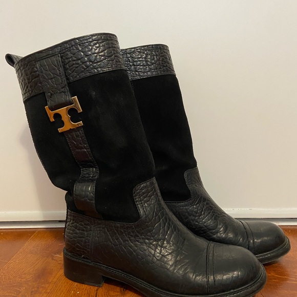 SOLD - Tory Burch Black Suede and Leather Embossed Boots - Picture 7 of 10